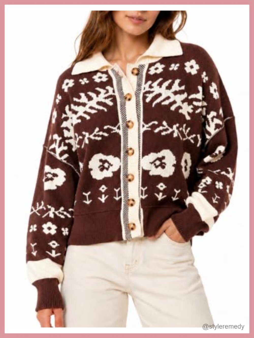 Womens Boho Floral Knit Cardigan Button Down Cropped Sweater